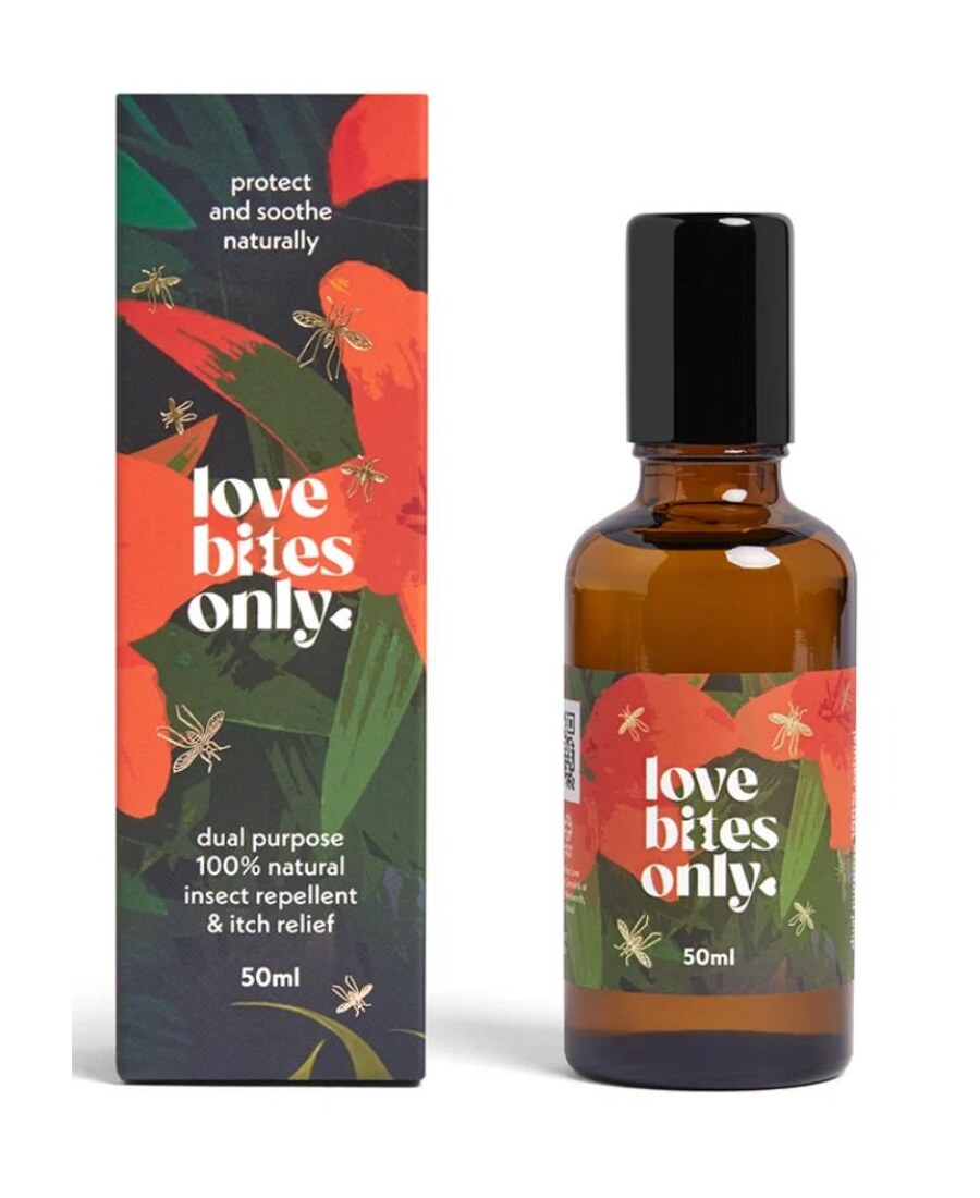 Love Bites Only 50ml amber bottle with its botanical gift box